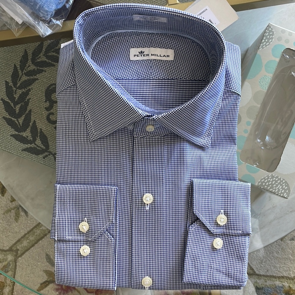 Men’s Peter Millar long sleeve blue/white checker shirt-Brand New with tags